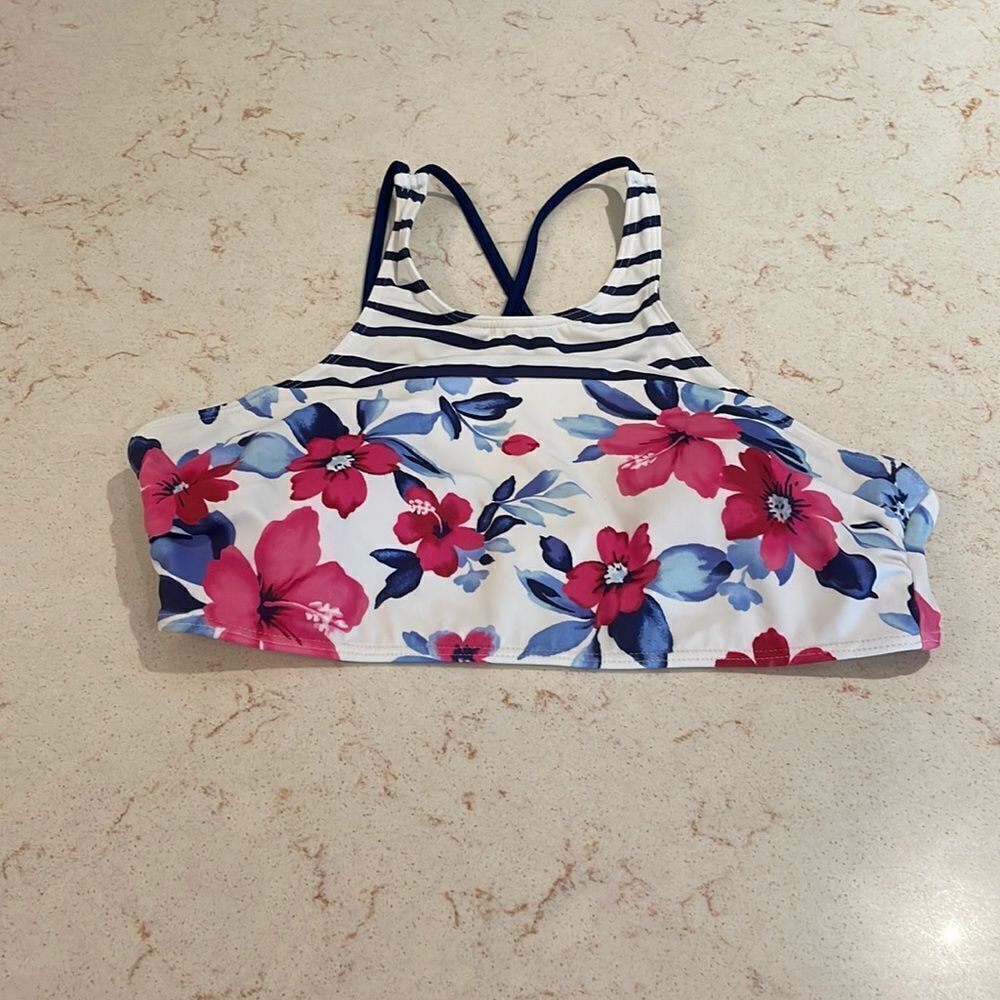 Land’s End strappy floral striped swim top SZ 10